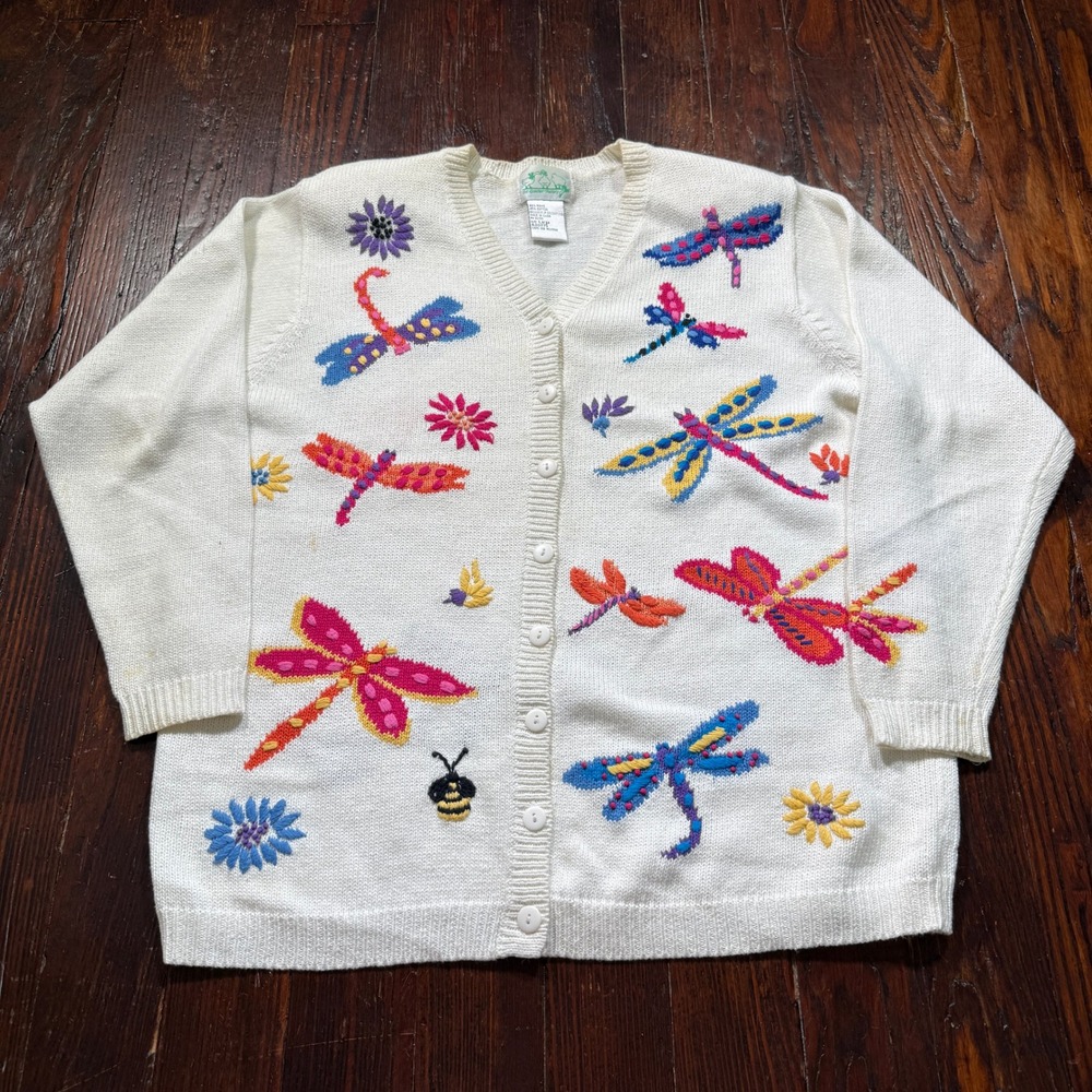 The Quacker Factory Cardigan Womens Large White Dragonfly Embroidered V Neck